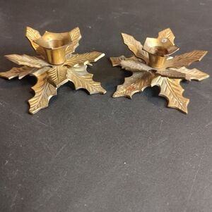 Vintage India Solid Brass Candlestick Christmas Holly Leaf Candle Holder Set 2